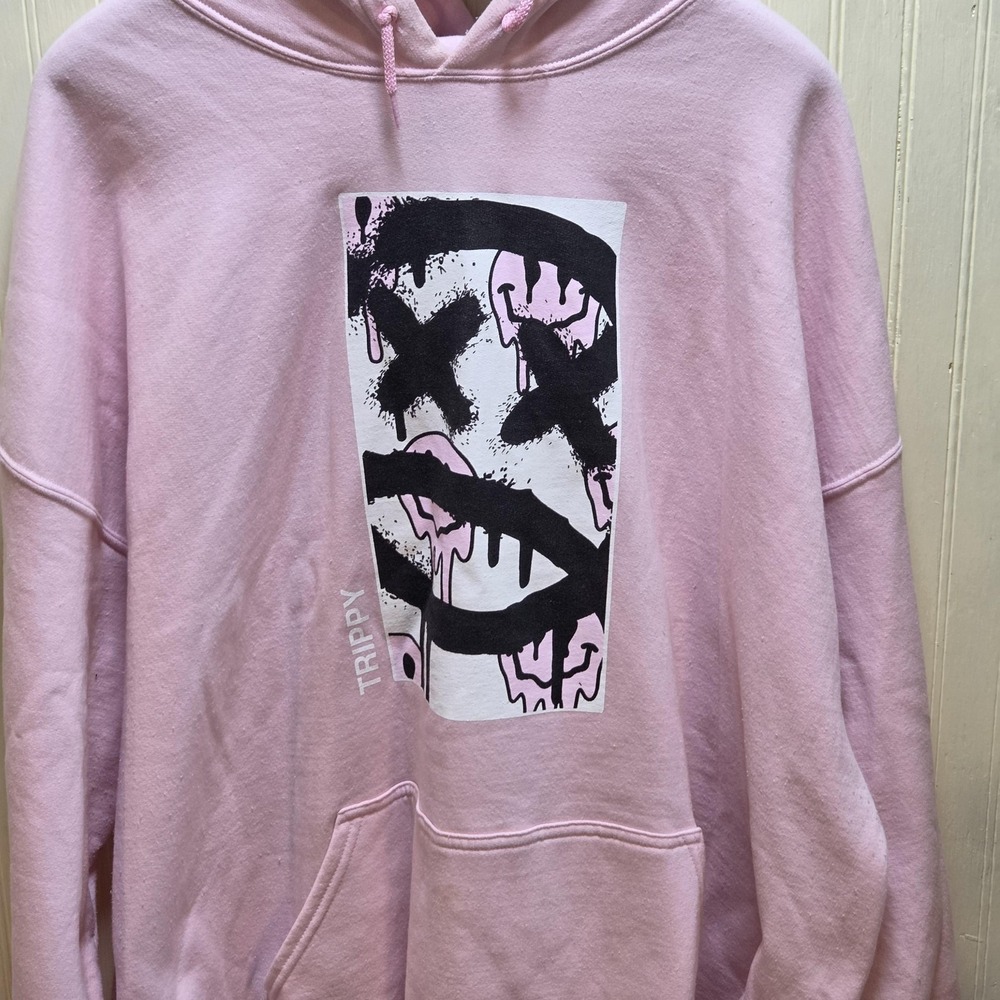 Popular Poison Hoodie Mens 3XL Pink Trippy Dripping Face Graphic Fleece Pullover